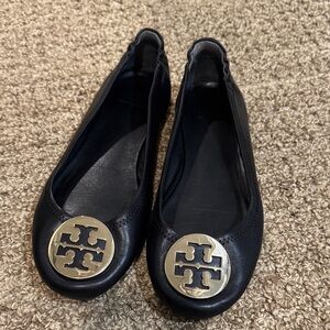 Tory Burch Black Flats with Gold Logo
